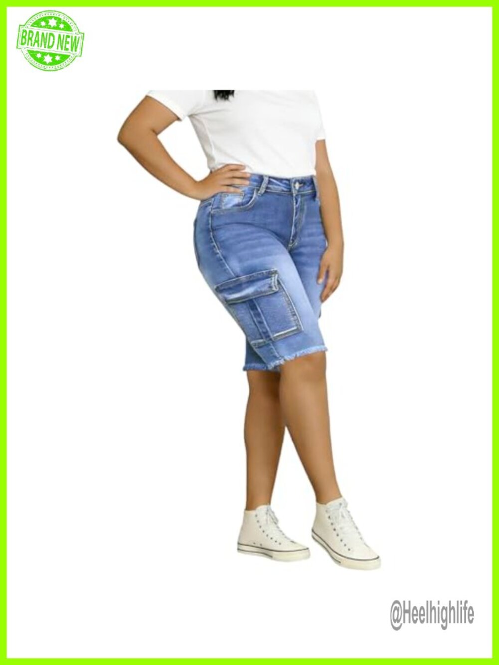 Plus Size Cargo Bermuda Jean Shorts High Rise Stretchy Denim Jorts